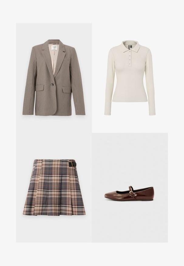 Blazer à carreaux prince-de-galles brun et beige à simple boutonnage avec revers crantés, deux poches avant à rabat et une fermeture par un bouton.; Polo à manches longues en tissu côtelé blanc cassé avec un col et cinq boutons métalliques sur le devant. Design ajusté.; Jupe à carreaux gris, beige et rouille ; présente des plis, un détail de boucle et une conception structurée. Fabriquée en tissu tissé.; Ballerine en cuir verni marron avec un bout carré et une lanière ornée d'une petite boucle dorée. Texture lisse, talon bas et design minimaliste.