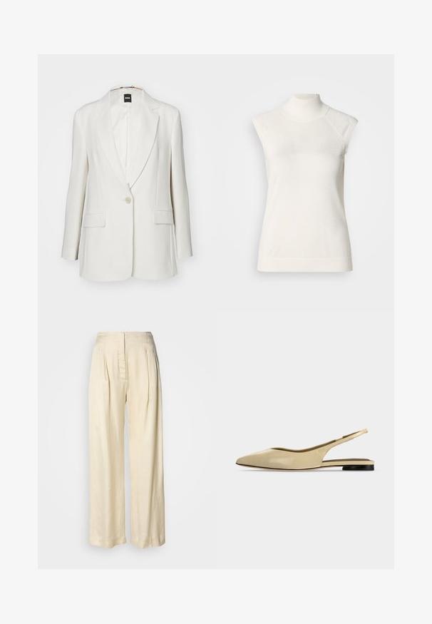 Blazer blanc avec revers crantés, fermeture à un bouton, deux poches avant et un tissu lisse au silhouette structurée.; Haut sans manches à col roulé blanc en matière douce ; présente une coupe ajustée avec un col montant et une texture subtilement côtelée à l'ourlet.; Pantalon en soie crème taille haute avec plis, jambes larges et fermeture éclair avant dissimulée sur un fond blanc uni.; Chaussure plate beige à bout pointu avec bride arrière, petit talon noir et finition en cuir lisse, vue de côté sur un fond uni.