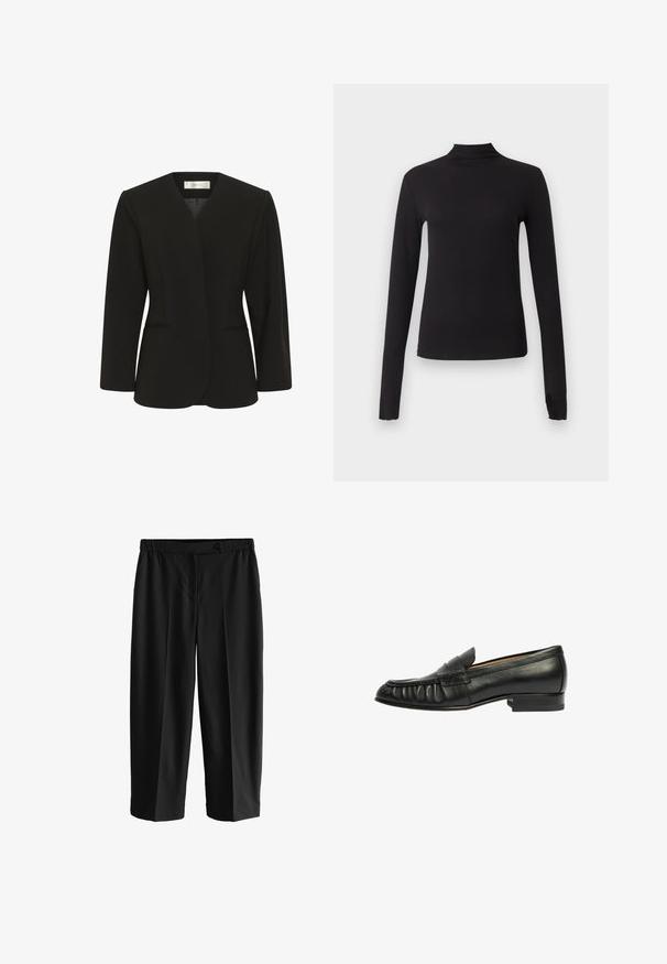 Sort skræddersyet blazer med lange ærmer, åben front, strukturerede skuldre og to slidser i taljen.; Sort langærmet tætsiddende top med høj hals, vist på ensartet lysegrå baggrund.; Sorte vide bukser med elastisk talje og knaplukning, med lette forkrympninger foran.; Scarosso BLACK - Loafers - black calf