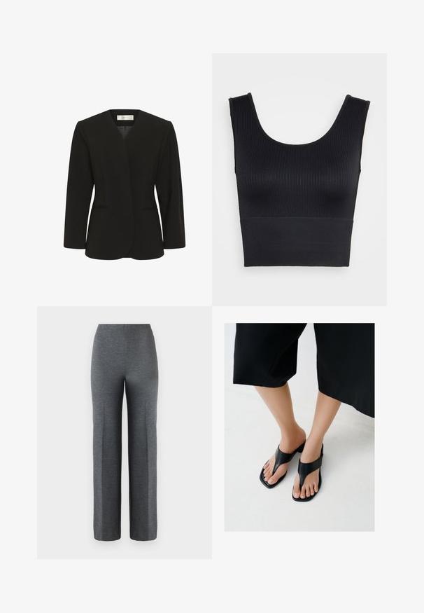 Musta mittatilaustyönä tehty bleiseri, jossa pitkät hihat, avoin edestä, jämäkät hartiat ja kaksi halkiotaskua vyötäröllä.; By Malene Birger ESSENTIALS JAZMIN - Pusero - svart; Harmaat, leveälahkeiset housut, jotka on valmistettu pehmeästä, teksturoidusta kankaasta. Ominaisuuksiin kuuluu korkea vyötärö eikä näkyviä metalliosia tai koristeita.; Jalat, joissa mustat neliövarrelliset korkokengät leveillä remmeillä, yhdistettynä lyhytvartisiin mustiin housuihin vaalealla lattialla.
