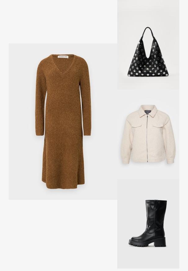 Helle beige Fleecejacke mit Reißverschluss, Kragen und zwei vorderen Taschen. Sie zeichnet sich durch einen strukturierten Stoff und eine lockere Passform aus.; Braunes gestricktes Kleid mit V-Ausschnitt und langen Ärmeln, mit entspanntem Schnitt und weicher Textur, fällt bis zur Mitte der Wade.; Schwarze Lederkniebots mit einem klobigen Blockabsatz, strukturiertem Laufsohle, seitlichen Nähten und einem Zuglasche auf der Rückseite.; Schwarze Ledertasche mit dreieckiger Form, ausgestattet mit silbernen metallischen Punkten und einem strukturierten Griff. Insgesamt glatte Oberfläche.