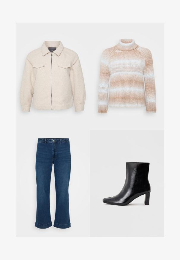 Helle beige Fleecejacke mit Reißverschluss, Kragen und zwei vorderen Taschen. Sie zeichnet sich durch einen strukturierten Stoff und eine lockere Passform aus.; ONLY Carmakoma CARDITTE ROLLNECK - Strickpullover - cloud blue/tobacco brown; Hochtaillierte blaue Jeans mit geradem Bein und ausgestelltem Saum, aus Denim gefertigt. Verfügt über ein klassisches Fünf-Taschen-Design und einen Metallknopfverschluss.; Schwarze Knöchelstiefel aus glänzendem Leder mit spitzem Zustand und mittelhohem Blockabsatz, mit glatter Textur und einfachem Design.