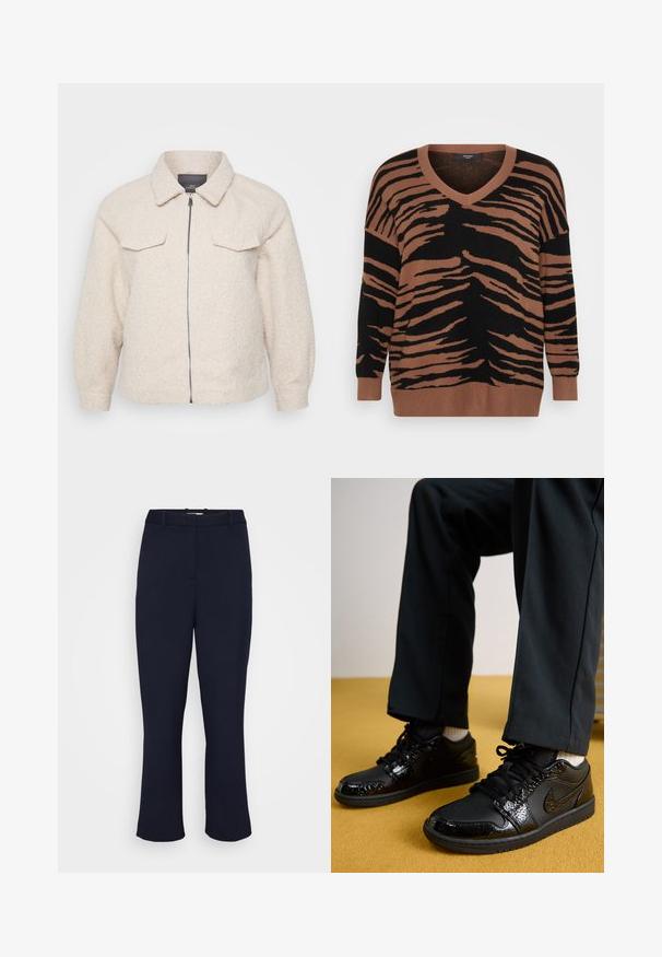 Helle beige Fleecejacke mit Reißverschluss, Kragen und zwei vorderen Taschen. Sie zeichnet sich durch einen strukturierten Stoff und eine lockere Passform aus.; Braun und schwarz gestreifter Pullover aus weichem Strick, mit V-Ausschnitt und lockerer Passform, sowie gerippten Bündchen und Saum.; Marineblaue Hose mit geradem Schnitt, ausgestattet mit Seitentaschen und einem Bund, vor einem schlichten weißen Hintergrund präsentiert.; Schwarze Nike-Sneaker mit einer strukturierten Lackleder-Oberfläche, Gummisohle und runden Schnürsenkeln, getragen mit schwarzen Hosen und weißen Socken.