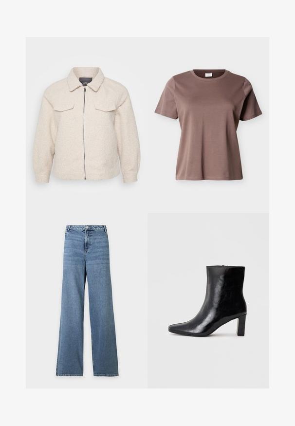 Lichtbeige fleece jas met een ritssluiting, kraag en twee voorzakken. Heeft een gestructureerde stof en een relaxte pasvorm.; Korte mouwen, ronde hals, mauve-bruin katoenen T-shirt met een losse pasvorm, afgebeeld tegen een effen lichte achtergrond.; Blauwe jeans met hoge taille en wijde pijpen, met knoop- en ritssluiting aan de voorkant en klassiek ontwerp met vijf zakken op een effen achtergrond.; Zwarte enkellaars gemaakt van glanzend leer, met een puntige neus en een gemiddelde blokhak, voorzien van een gladde textuur en een eenvoudig ontwerp.