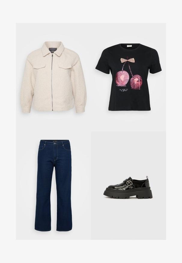 Lys beige fleecejakke med lynlås, krave og to forlommer. Har et tekstureret stof og en afslappet pasform.; Sort kortærmet t-shirt i sort med et grafik af to pink kirsebær med en sløjfe og teksten "La cerise sur le gâteau" i hvid.; Mørkeblå denim jeans med lige pasform, der har en lynlås, fem lommer og synlige syninger.; Sort laklæder loafer med en tyk rillesål, brogue-detaljer og en sølvspænde rem over vristen.