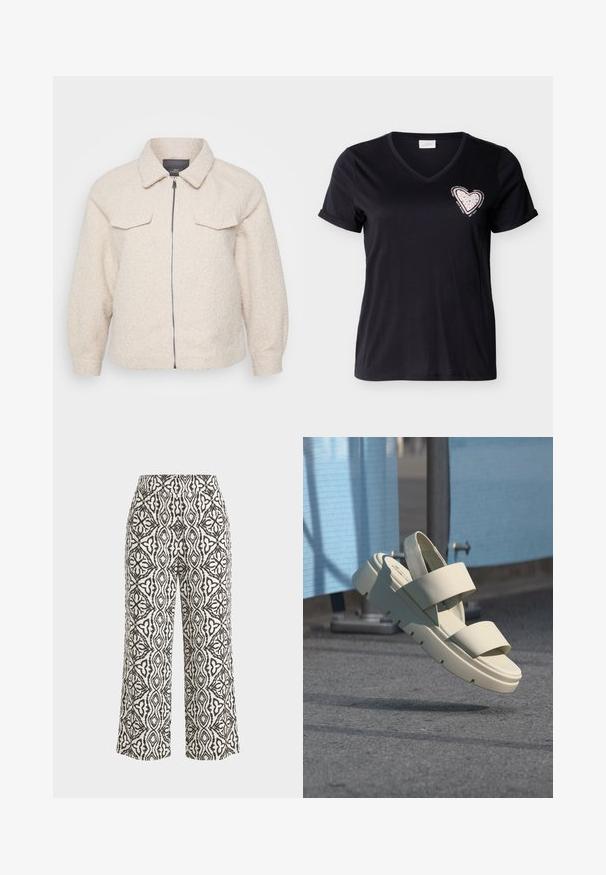 Helle beige Fleecejacke mit Reißverschluss, Kragen und zwei vorderen Taschen. Sie zeichnet sich durch einen strukturierten Stoff und eine lockere Passform aus.; Schwarzes T-Shirt mit V-Ausschnitt und kurzen Ärmeln, mit aufgerollten Ärmelbündchen, versehen mit einem pinkfarbenen Herzaufnäher mit kleinen Nieten und motivierendem Text um die Brust.; Hoch taillierte, weit geschnittene Hose mit schwarz-weißem, filigranem geometrischem und floralem Muster, verkürzter Länge und tailliertem Schnitt.; Off-weiße Plateau-Sandale mit zwei breiten Riemen und einem Riemchen hinten, schwebend über einer Asphaltfläche mit einer blauen Barriere im Hintergrund.