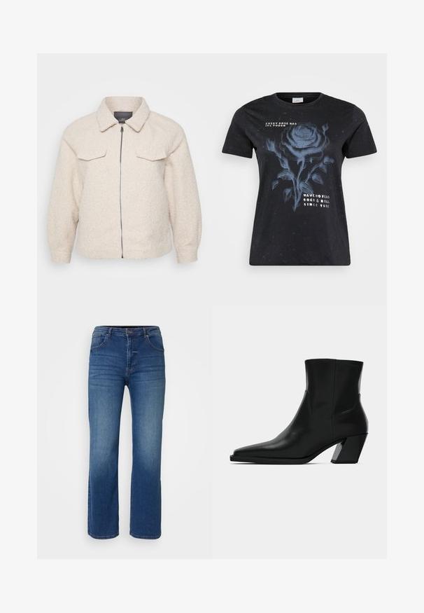 Lichtbeige fleece jas met een ritssluiting, kraag en twee voorzakken. Heeft een gestructureerde stof en een relaxte pasvorm.; ONLY Carmakoma CARMIKO WASHED SS REG TEE JRS - T-shirt print - black; Donkerblauwe denim jeans met een recht model, vijf zakken en een knoop- en ritssluiting. Gladde textuur met minimale vervaging.; Zwarte leren enkelboot met een spitse neus, een slanke silhoeet en een chunky vierkante hak. Gladde textuur met minimale stikdetails.