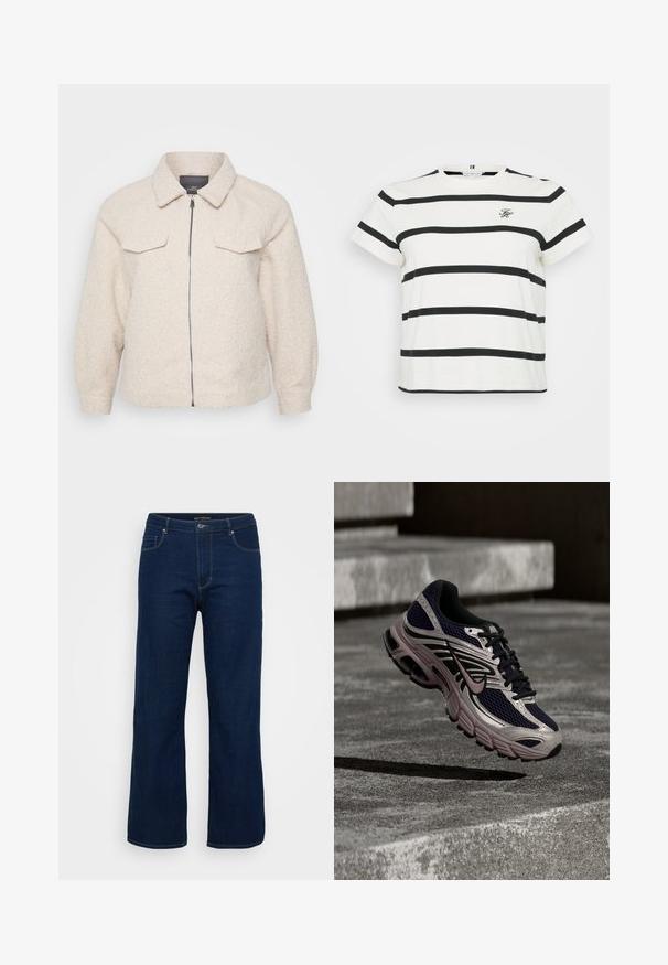 Helle beige Fleecejacke mit Reißverschluss, Kragen und zwei vorderen Taschen. Sie zeichnet sich durch einen strukturierten Stoff und eine lockere Passform aus.; Weißes T-Shirt mit horizontalen schwarzen Streifen, kurzen Ärmeln und rundem Ausschnitt. Besitzt ein kleines gesticktes Logo auf der Vorderseite.; Dunkelblaue Denim-Jeans mit geradem Schnitt, ausgestattet mit einem Reißverschluss, fünf Taschen und sichtbaren Nähten.; Nike-Laufschuh in Schwarz und Grau mit rosa Akzenten, schwebt über einer Betonfläche und Treppen in einer schattigen Außenszenerie.