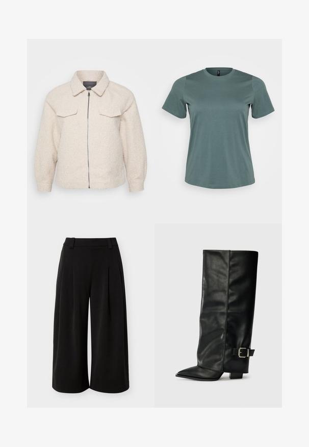 Helle beige Fleecejacke mit Reißverschluss, Kragen und zwei vorderen Taschen. Sie zeichnet sich durch einen strukturierten Stoff und eine lockere Passform aus.; Kurzärmliges T-Shirt in gedämpftem Grün, runder Ausschnitt, aus einem weichen Baumwoll-Mix, mit glatter Textur und lockerer Passform.; Schwarze, weit geschnittene, verkürzte Hosen mit Gürtelschlaufen und hoher Taille, dargestellt vor einem schlichten hellgrauen Hintergrund.; Schwarze Lederstiefeletten in Knöchellänge mit spitzem Zehenbereich, glatter Oberfläche und silberner Schnallenakzent an der Seite. Massiver, quadratischer Absatz.