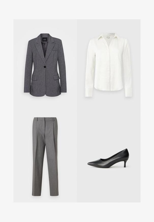 Blazer gris de tejido texturizado, con solapa con muesca, cierre de un botón, dos bolsillos frontales y un bolsillo en el pecho.; Blusa blanca de manga larga con cuello amplio, botones delanteros ocultos y puños abotonados, mostrada sobre un fondo claro y simple.; Pantalones gris ajustados con una tela texturizada, que presentan un diseño de pierna recta, pliegues en la parte delantera y una cinturilla sin herrajes visibles.; Zapato de tacón puntiagudo de cuero negro con un tacón bajo en forma de cono, textura suave y un corte bajo en la parte superior para mayor visibilidad del pie.