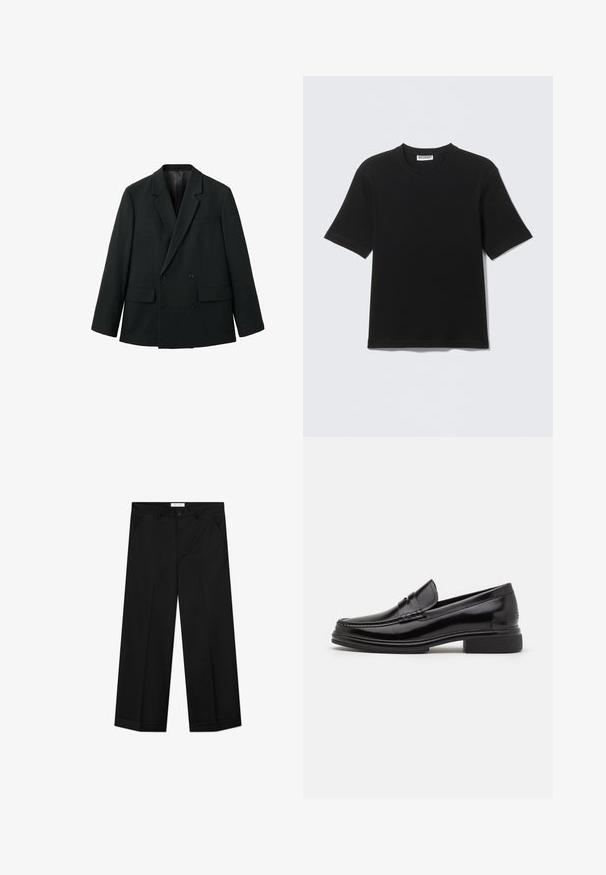 Blazer noir croisé en tissu lisse avec des revers crantés, deux poches avant et des fermetures à bouton. Design ajusté et structuré.; T-shirt noir à manches courtes avec col rond, portant une étiquette "WEEKDAY" à l'intérieur du col, présenté à plat sur un fond clair.; Pantalon noir à jambes larges en tissu lisse, doté de poches avant, d'une fermeture par bouton et d'un pli marqué sur chaque jambe.; Mocassins en cuir noir avec un embout arrondi, présentant un détail cousu sur le dessus, et un petit talon carré. Texture lisse et finition brillante.