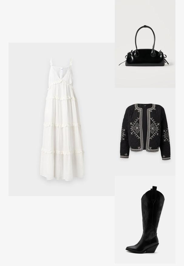 Chaqueta negra acolchada con diseños florales bordados en blanco. Cuello redondo, abertura frontal y mangas largas con acentos de costura intrincados.; Vestido maxi blanco con un escote en V profundo, tirantes finos y volantes en capas a lo largo del dobladillo. Hecho de una tela ligera y fluida para mayor comodidad.; Bota de vaquero de cuero negro con punta puntiaguda, tacón bloqueado inclinado, costuras decorativas y lengüetas en la parte superior sobre fondo blanco.; Pequeño bolso negro brillante con dos asas largas y detalles de cordón lateral sobre un fondo claro liso.