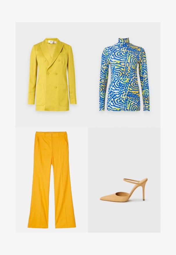 Blazer croisé jaune vif, fabriqué en tissu lisse, doté de revers à encoches, deux poches avant et une poche poitrine unique.; Haut à col roulé à manches longues avec motif abstrait bleu sur fond jaune et blanc, coupe ajustée, présenté sur un fond blanc uni.; Pantalons évasés jaunes en tissu lisse, avec des poches avant et une taille plate, au design de taille régulière.; Chaussure à talon aiguille beige à bout pointu avec une fine bride de cheville sur fond blanc.