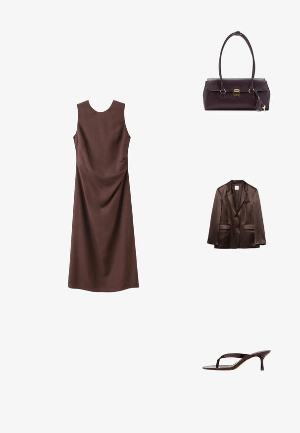 Blazer en satin marron avec revers crantés, deux poches à rabat devant, une poche poitrine passepoilée et deux boutons sur le devant.; Robe midi marron sans manches avec encolure ronde et subtil détail drapé sur le côté sur fond blanc.; Sandale à talon en cuir verni noir avec bride entre les orteils et un talon petit kitten élancé de hauteur moyenne, vue de côté sur fond blanc.; Sac à main en cuir violet foncé avec un design structuré, deux poignées, des accessoires dorés, un rabat plat avec un fermoir et un détail porte-clés.