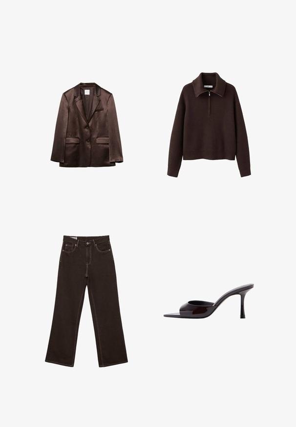 Blazer en satin marron avec revers crantés, deux poches à rabat devant, une poche poitrine passepoilée et deux boutons sur le devant.; Pull-over marron côtelé avec col montant et fermeture à demi-zip. Présente une coupe décontractée et une texture douce.; Jean marron foncé à jambes larges avec boutons à l'avant, fermeture éclair et surpiqûres blanches contrastantes. Comprend des poches avant et une poche monnaie avec rivets en cuivre.; Mule en cuir verni noir à bout ouvert avec un talon stiletto fin de hauteur moyenne et une bride supérieure basse.