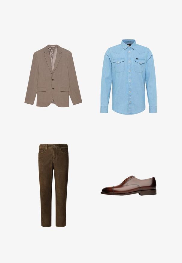 Blazer marron clair en tissu texturé, doté de deux poches avant, d'une fermeture à un bouton et d'une doublure intérieure satinée.; Chemise en denim bleu clair à manches longues avec fermeture à boutons, deux poches poitrine à boutons, col pointu et petit logo Lee sur la poche gauche.; Pantalon en velours côtelé marron avec coupe droite, stries verticales subtiles, deux poches avant et une poche arrière avec un bouton en métal.; Chaussures en cuir marron avec une finition brillante, présentant un design à bout golf, cinq œillets pour les lacets et un talon empilé.