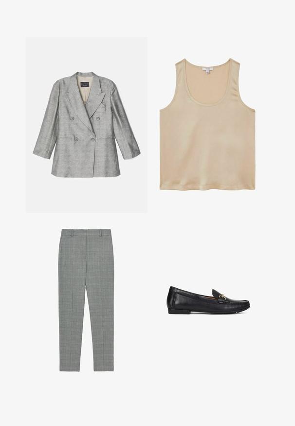 Emporio Armani Blazer - greige; Reiss REGULAR FIT - Bluse - neutral; Grå ternede tapered bukser med bæltestropper og flad front, designet til en skræddersyet pasform.; Sort læderloafer med guldfarvet metalbeslag, lav hæl og syninger i moc-toe-design, vist i profil mod hvid baggrund.