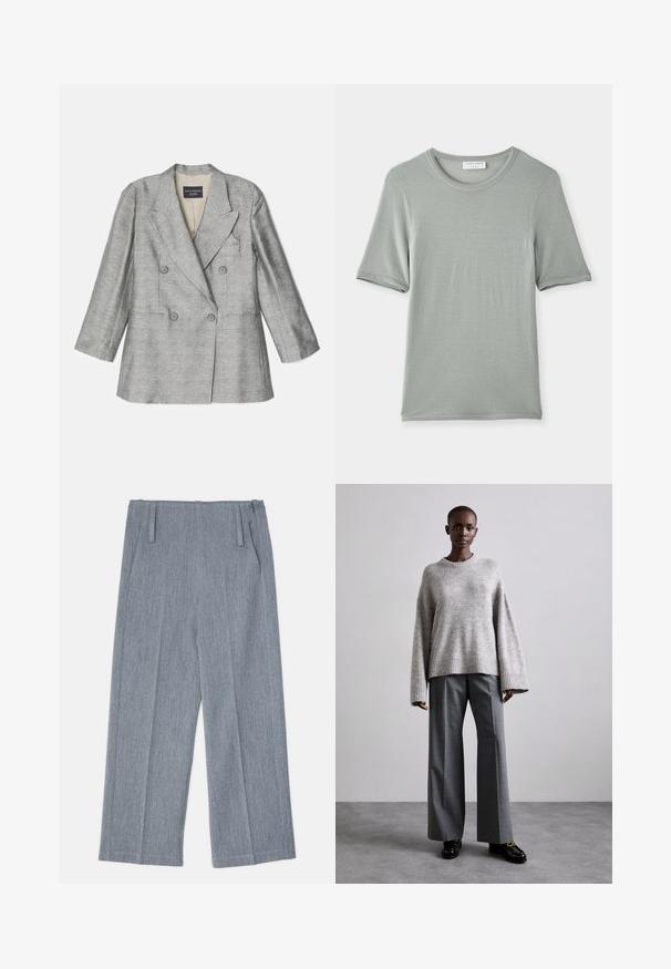 Emporio Armani Blazer - greige; Kortærmet t-shirt med rund hals i lys grå, lavet af blødt stof med en glat tekstur og diskret syninger på ærmerne og halsen.; Lys grå, vidde bukser lavet af struktureret stof, med to frontfolder og to sidelommer. Ren, skræddersyet design.; Grå strikket sweater med brede ærmer og ribbet kant, parret med høj-taljede grå bukser med et subtilt ternet mønster og sorte loafers.