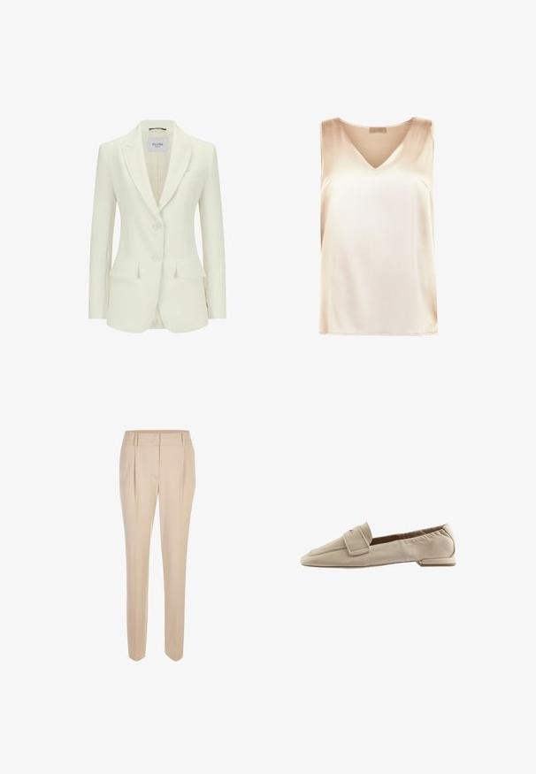 Weißer, taillierter Blazer mit Reverskragen, zwei vorderen Taschen und einer Drei-Knopf-Verschlussleiste. Glattes Material mit strukturiertem Design und minimalen Details.; Beige ärmelloses Top aus glattem Stoff mit V-Ausschnitt und geradem Saum. Minimalistischer Stil ohne zusätzliche Muster oder Akzente.; Beige maßgeschneiderte Slim-Fit-Hosen mit vorderen Falten, Gürtelschlaufen und einem sauberen Bund, vor einem weißen Hintergrund präsentiert.; Beige Loafers aus glattem Material mit eckiger Spitze, Ziernähten und kleinem flachem Absatz. Das Design verfügt über eine umklappbare Klappe.