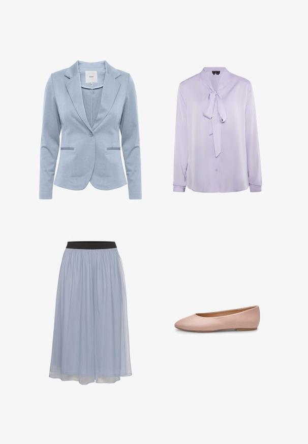Hellblaues Blazer aus glattem Stoff, mit Schalkragen, Einzelknopfverschluss und zwei vorderen Taschen. Klassisches maßgeschneidertes Design.; Lavendel Bluse mit Schleifenkragen, langen Ärmeln und Knopfverschluss. Glattes Material mit leichtem Glanz und minimalistischem Design.; Himmelblauer, knielanger Rock aus durchsichtiger Stoff. Schwarzer Gummibund. Fließendes Design mit weicher Textur und sanftem Fall.; Rosa Leder-Ballerina mit spitz zulaufender Zehenpartie, glatter Textur, minimalen Akzenten und einer durchgehenden hellbraunen Sohle. Einfaches Design, ohne Verzierungen.