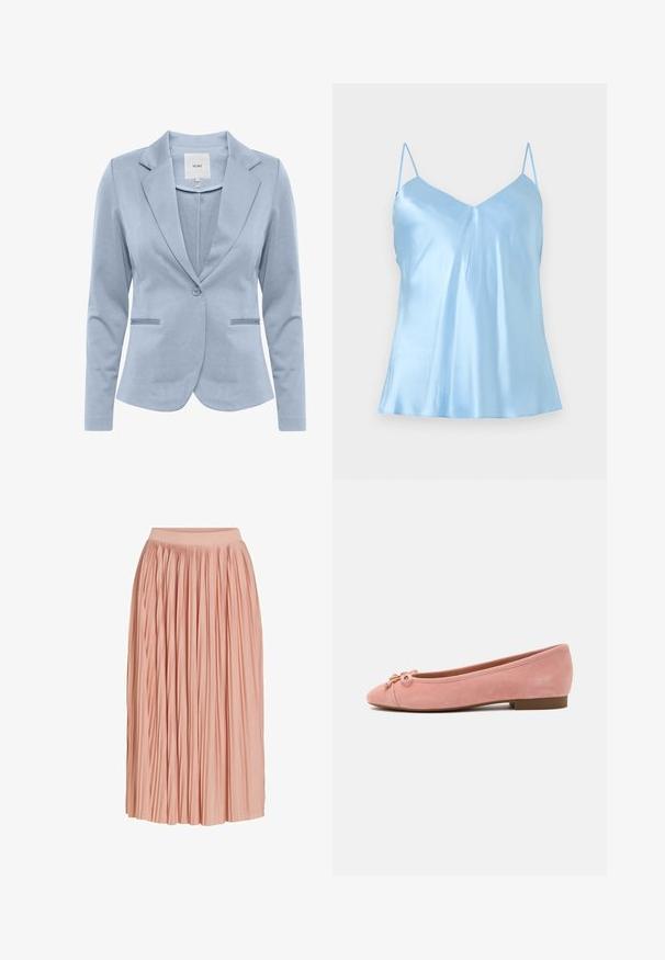 Svetlo modrý blejzer z hladkej tkaniny, s šálovým golierom, jedným gombíkom a dvoma prednými vreckami. Klasický strih.; Svetlomodrá saténová camisole s tenkými nastaviteľnými ramienkami a miernym výstrihom do V, zobrazená na jednofarebnom pozadí.; Svetloružová plisovaná midi sukňa so širokým pásom, vyrobená z ľahkej tkaniny, zobrazená na bielom pozadí.; Mäkké ružové semišové baletné baleríny s malou mašľou a zlatým akcentom na zaoblenom špičke, nízkym podpätkom a hladkou podrážkou.