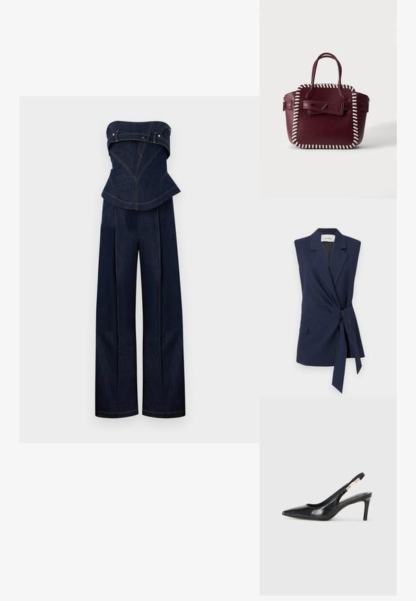 Marineplaid ærmeløs blazer med bånd i taljen, slagkrave og enkelt lomme. Glat stof, skræddersyet pasform. Mærke: IVY OAK.; Mørkeblå denim stropløs jumpsuit med struktureret top og vidde bukser, med kontrastsyninger og bælte-detaljer ved brystet.; Sort læder slingback højhælede sko med spidse tæer, glat overflade og en smal ankelrem med guldfarvede hardware detaljer.; Vinrød læderhåndtaske med hvidt syet kant, dobbelthåndtag og en frontklap sikret med en sølvnagl-lukning.
