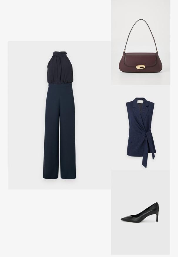 Marineplaid ærmeløs blazer med bånd i taljen, slagkrave og enkelt lomme. Glat stof, skræddersyet pasform. Mærke: IVY OAK.; Sort, ærmeløs halter-neck jumpsuit med en rynket krop og bukser med vide ben, vist på en ensfarvet baggrund.; Sort læderhøjhælet pumpe med spids tå og slank, mellemhøj hæl på en ensartet lys grå baggrund.; Bordeaux læder håndtaske med en buet form, justerbar skulderrem og en guld hardware-lukning med Calvin Klein-logoet.