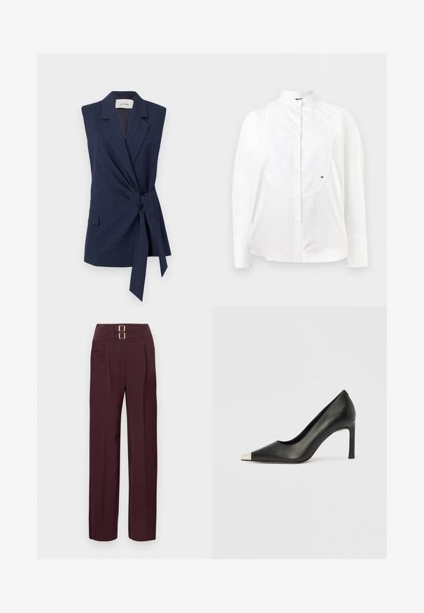 Marineplaid ærmeløs blazer med bånd i taljen, slagkrave og enkelt lomme. Glat stof, skræddersyet pasform. Mærke: IVY OAK.; Hvid skjorte med lange ærmer og knapper, båndkrave, tekstureret brystpanel og lille broderet "AX" logo på højre side.; Højtaljede mørk bordeauxbukser med to gyldne spænder øverst og et lige ben fit.; Sort læder højhælet sko med spids tå og metal-sølv hætte. Har en glat finish og en slank hæl på 10 cm.