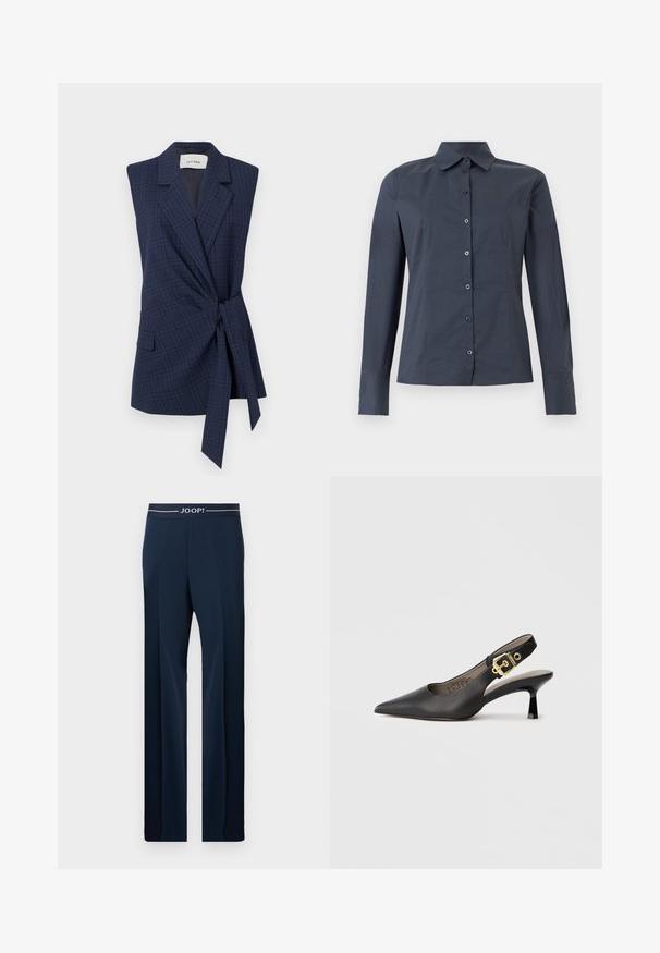 Blazer sans manches à carreaux bleu marine avec ceinture à nouer, revers en pointe et poche unique. Tissu lisse, coupe ajustée. Étiquette : IVY OAK.; Chemise gris foncé à manches longues avec col pointu et coutures ajustées, présentée sur un fond blanc.; Pantalon bleu marine à jambe droite avec une taille élastique portant le texte "JOOP!" en blanc.; Chaussure à talon haut noire à bride arrière, avec un bout pointu, une texture en cuir lisse et une accent de boucle dorée sur la bride.