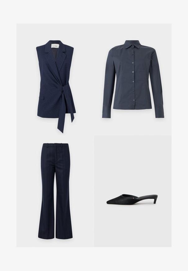 Marineplaid ærmeløs blazer med bånd i taljen, slagkrave og enkelt lomme. Glat stof, skræddersyet pasform. Mærke: IVY OAK.; Mørkegrå, langærmet skjorte med knapper og spids krave samt figursyede sømme, vist på hvid baggrund.; Mørkeblå stribede bukser med en slæbende design, lavet af et struktureret stof med flad front og bæltestropper for en tætsiddende pasform.; Sorte suedeslippers med spids tå og lav hæl. Har en glat tekstur og åben ryg for nem påklædning. Simpelt design uden mønstre.