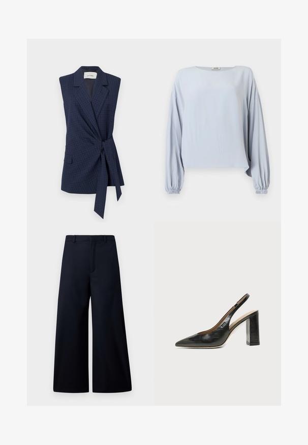 Marineblauwe geruite mouwloze blazer met knooptaille, notch lapels en één pocket. Gladde stof, getailleerde pasvorm. Label: IVY OAK.; Lichtblauwe blouse met lange mouwen, brede geplooide manchetten en een losse pasvorm, met een ronde halslijn en een eenvoudig ontwerp.; Wijdbroek in donker marineblauw, gemaakt van een gladde stof. Kenmerkt zich door een platte tailleband, vooraan een plooi en geen zichtbare hardware of patronen.; Zwarte leren slingback schoen met spits toelopend neusje, hoge blokhak en beige binnenvoering tegen een effen lichte achtergrond.