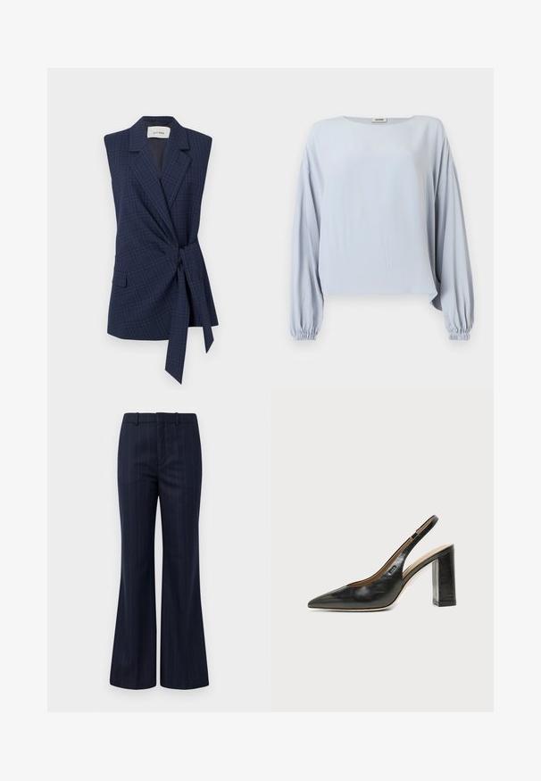 Marineplaid ærmeløs blazer med bånd i taljen, slagkrave og enkelt lomme. Glat stof, skræddersyet pasform. Mærke: IVY OAK.; Lyseblå bluse med lange ærmer, brede, samlede manchetter og løs pasform, med rund halsudskæring og ensfarvet design.; Mørkeblå stribede bukser med en slæbende design, lavet af et struktureret stof med flad front og bæltestropper for en tætsiddende pasform.; Sort læder peep-toe slingback sko med høj blokhæl og beige indvendig foring mod en ensfarvet lys baggrund.