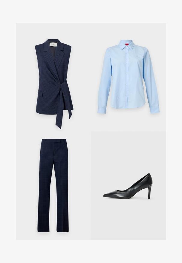 Marineplaid ærmeløs blazer med bånd i taljen, slagkrave og enkelt lomme. Glat stof, skræddersyet pasform. Mærke: IVY OAK.; Lyseblå langærmet skjorte med knapper og spids krave samt lille logo på venstre bryst, vist på en ensartet hvid baggrund.; Marineblå ternede bukser med lige ben design, lavet af et glat stof. Har flad front og bæltestropper for en sikker pasform.; Sorte læder spidse pumps med en slank hæl, glat tekstur og ingen synlige udsmykninger. Rent design med en minimalistisk æstetik.