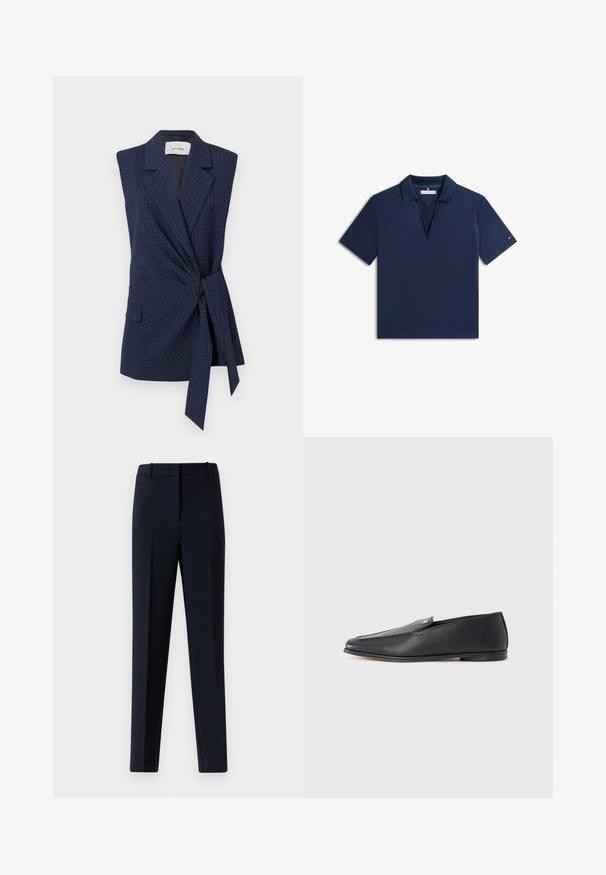 Marineblauwe geruite mouwloze blazer met knooptaille, notch lapels en één pocket. Gladde stof, getailleerde pasvorm. Label: IVY OAK.; Marineblauw poloshirt met korte mouwen, kraag en V-hals, klein logo op de linkermouw.; Marineblauwe op maat gemaakte dress trousers met voorplichting, riemlussen en een verborgen sluiting aan de voorkant op een lichte achtergrond.; Zwarte leren loafers met een gladde textuur, een afgeronde neus en subtiele stiksel details. Voorzien van een gouden logomerk aan de bovenzijde.