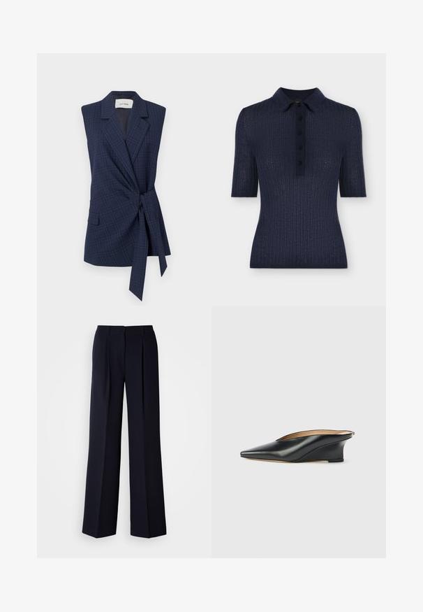 Marineblauwe geruite mouwloze blazer met knooptaille, notch lapels en één pocket. Gladde stof, getailleerde pasvorm. Label: IVY OAK.; Navyblauw geribd polo met korte mouwen, vijf knopen en een klassieke kraag, aansluitend silhouet.; Marineblauwe wijde broekspijpen met plooien, vervaardigd uit gladde stof. Voorzien van een getailleerde tailleband en een gestroomlijnde silhouet.; Zwarte pump van lakleer met een scherpe neus en open achterkant, met een strak, gebogen ontwerp en een minimalistische stijl.