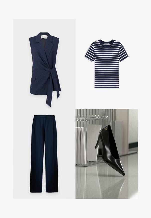 Marineplaid ærmeløs blazer med bånd i taljen, slagkrave og enkelt lomme. Glat stof, skræddersyet pasform. Mærke: IVY OAK.; Navyblå og hvide vandrette stribede kortærmet T-shirt med rund halsudskæring og lille logo på brystet.; Marineblå vide bukser lavet af glat stof; har frontfald, bæltestropper og et rent design uden synlige lommer.; Sort højhælet sko med spids tå og guldlogo, placeret på en reflekterende overflade nær en krom trådfilholder med dokumenter.