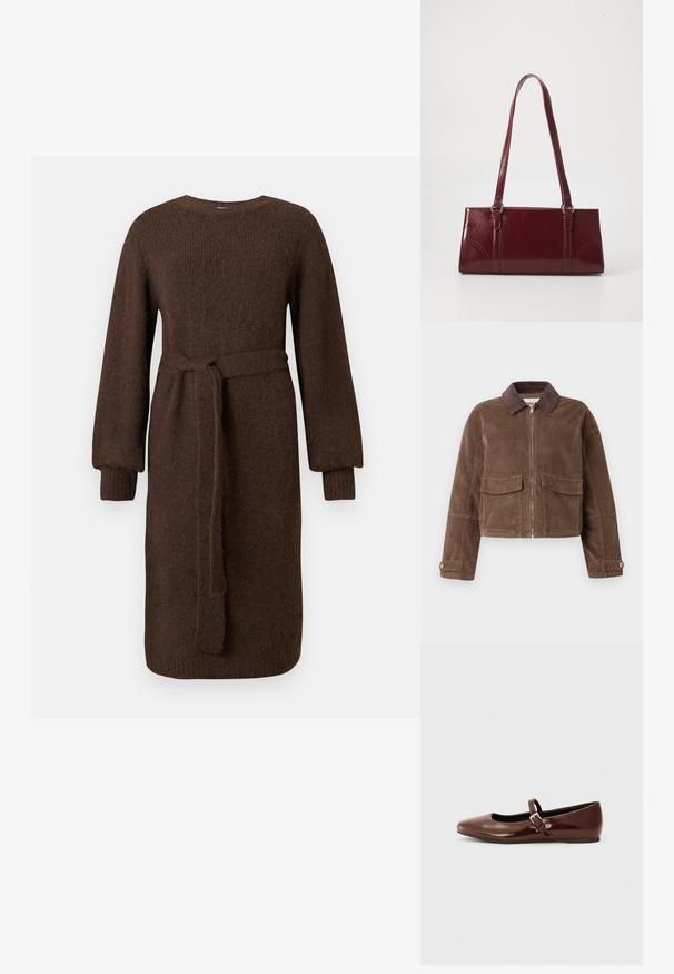 Veste cropped en velours côtelé marron avec fermeture éclair sur le devant, deux poches poitrine et un col en velours côtelé marron. Tissu texturé avec un motif en côtes.; Robe en tricot brun à manches longues avec des poignets côtelés et une ceinture à nouer amovible, longueur genou, col rond simple.; Ballerine en cuir verni marron avec un bout carré et une lanière ornée d'une petite boucle dorée. Texture lisse, talon bas et design minimaliste.; Sac à main bordeaux en matériau brillant, de forme rectangulaire, avec deux anses et des accents légèrement courbés à l'avant.