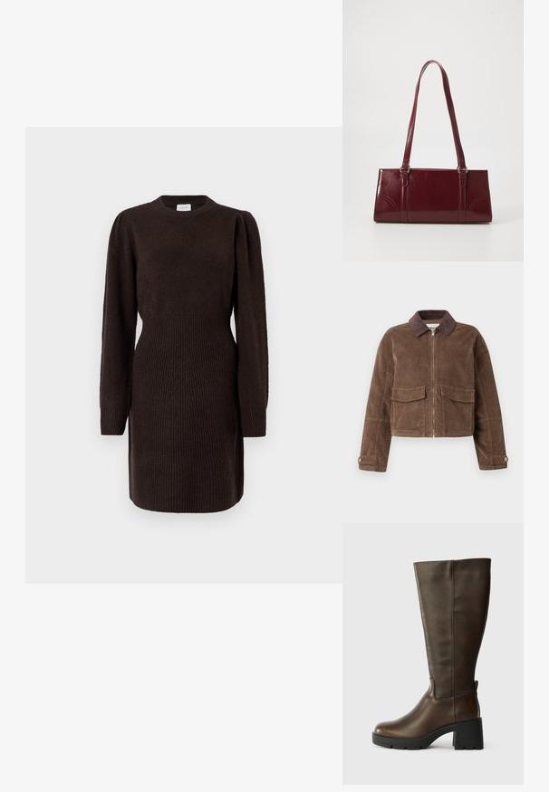 Veste cropped en velours côtelé marron avec fermeture éclair sur le devant, deux poches poitrine et un col en velours côtelé marron. Tissu texturé avec un motif en côtes.; Robe tricotée marron foncé avec un col rond, de longues manches bouffantes et une texture côtelée à la taille et aux poignets. Texture lisse sur le corps.; Bottine en cuir marron jusqu'au genou avec un talon épais noir et une finition texturée. Présente un bout rond et des détails de couture latérale subtils.; Sac à main bordeaux en matériau brillant, de forme rectangulaire, avec deux anses et des accents légèrement courbés à l'avant.