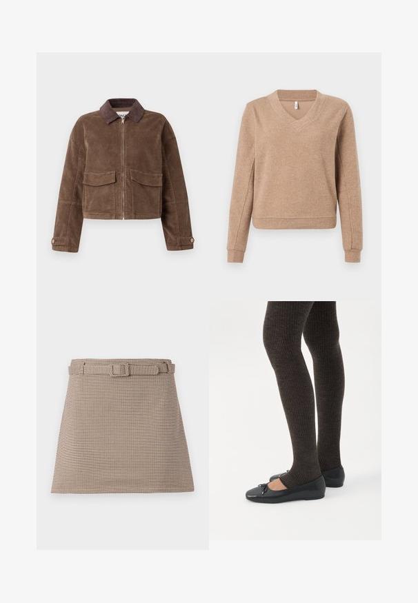 Veste cropped en velours côtelé marron avec fermeture éclair sur le devant, deux poches poitrine et un col en velours côtelé marron. Tissu texturé avec un motif en côtes.; Pull beige côtelé avec un col en V, manches longues et poignets ajustés. Texture douce avec une coupe légèrement ample et un ourlet droit.; Shorts à motif pied-de-coq marron et beige avec une taille ceinturée, des lignes épurées, une structure ajustée et une texture de tissu lisse.; Jambes portant des leggings côtelés foncés associés à des ballerines noires avec de petits détails en nœud sur fond blanc.