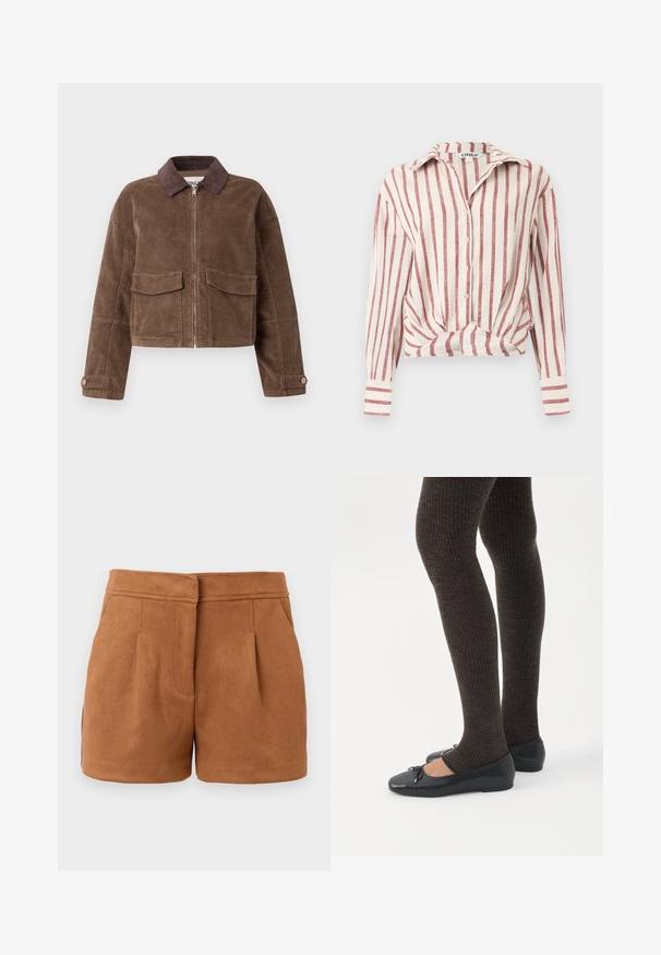 Veste cropped en velours côtelé marron avec fermeture éclair sur le devant, deux poches poitrine et un col en velours côtelé marron. Tissu texturé avec un motif en côtes.; Blouse blanche à manches longues boutonnée avec des rayures rouges verticales et un nœud à l'avant, col et manches avec poignets.; Shorts en faux suède brun avec un design ajusté, dotés de deux poches avant et de plis subtils, offrant une texture lisse et douce.; Jambes portant des leggings côtelés foncés associés à des ballerines noires avec de petits détails en nœud sur fond blanc.