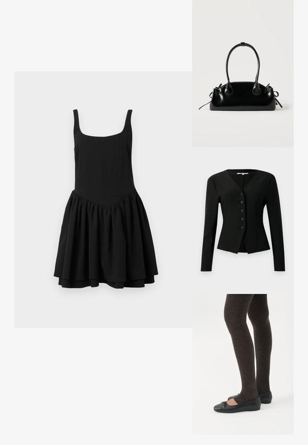 Blazer noir ajusté à manches longues avec col en V, cinq boutons sur le devant et ourlet légèrement évasé.; Robe noire sans manches avec une encolure carrée, un corsage ajusté et une jupe évasée froncée ; texture lisse et couleur unie.; Jambes portant des leggings côtelés foncés associés à des ballerines noires avec de petits détails en nœud sur fond blanc.; Petit sac à main noir brillant avec deux longues anses et des détails à cordon sur les côtés sur un fond clair uni.