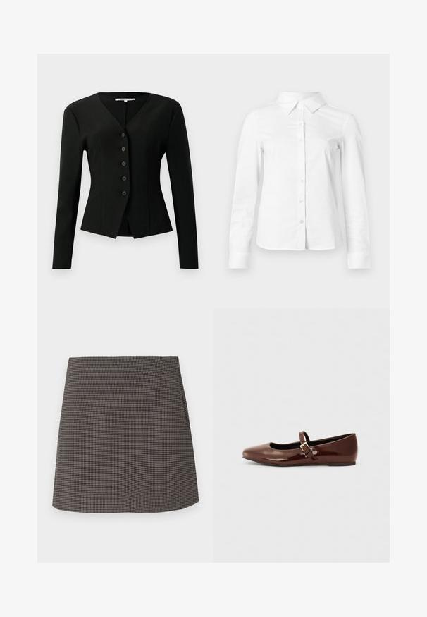 Blazer noir ajusté à manches longues avec col en V, cinq boutons sur le devant et ourlet légèrement évasé.; Chemise blanche à manches longues avec boutons, col pointu, ourlet droit et silhouette ajustée, présentée sur un fond clair uni.; Jupe mini droite avec un petit motif pied-de-poule noir et gris, sans embellissements ni poches visibles.; Ballerine en cuir verni marron avec un bout carré et une lanière ornée d'une petite boucle dorée. Texture lisse, talon bas et design minimaliste.