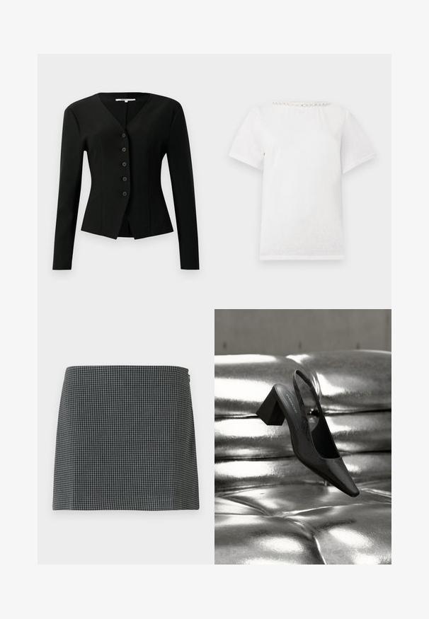 Blazer noir ajusté à manches longues avec col en V, cinq boutons sur le devant et ourlet légèrement évasé.; T-shirt blanc à manches courtes avec un col rond orné d'une rangée de perles décoratives le long du col.; Jupe en damier noir et blanc en tissu à la texture lisse. Présente une silhouette droite et une fermeture éclair sur le côté.; Escarpin noir à bride arrière avec bout pointu, présentant une surface texturée et un talon bloc épais. Posé sur un fond métallique brillant.