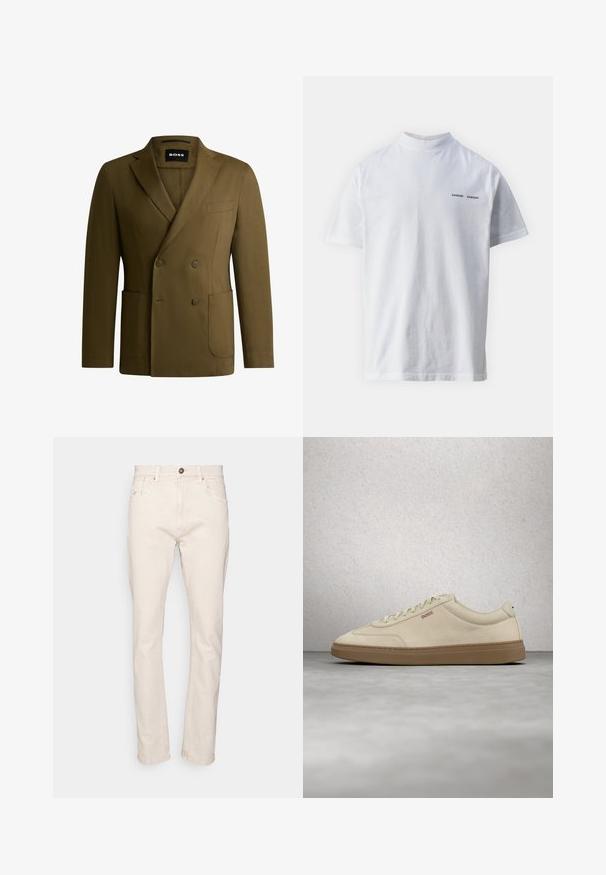 Oliivivihreä kaksirivinen bleiseri, joka on valmistettu sileästä kankaasta. Varustettu notched-lapel -kauluksella, kahdella etutaskulla ja yhdellä rintataskulla.; Valkoinen puuvillateepaita, jossa on korkea kaula-aukko ja lyhyet hihat. Edessä musta "SAMSØE SAMSØE" -logo. Tasainen pinta.; Beige farkkushousut suoralla leikkauksella, viisi taskua ja ruskea napin suljenta. Sisältää hienovaraisia ompeludetaileja ja sileän tekstuurin.; Vaaleanbeige mokkanahkainen tennari kumipohjalla, näyttävillä nauhoilla ja hillityillä ompeluilla. Siisti muotoilu minimalistisella estetiikalla.