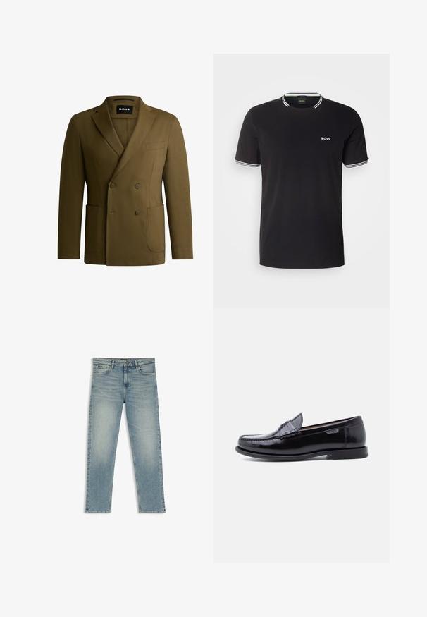 Olivengrønt dobbeltbrystet blazer lavet af glat stof. Har en smal revers, to frontlommer og en enkelt brystlomme.; Sort bomulds T-shirt med hvid kant på kraven og ærmerne, med et lille hvidt "BOSS" logo på venstre bryst.; Lyseblå straight-leg denim jeans med knaplukning foran, lynlås og lommer foran og bagpå, lagt fladt på hvid baggrund.; Sorte læderloafer med en blank finish, der har et syet mønster på tåen og en lav, tekstureret sort gummisål.