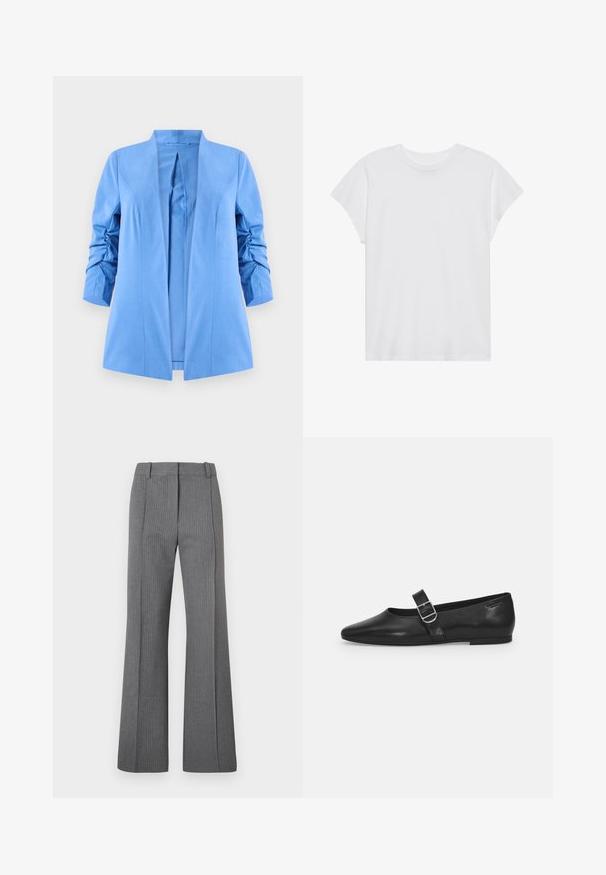 Blazer bleu clair avec un design à enfiler, des épaules structurées et des manches froncées, fabriqué dans un tissu lisse sans fermetures visibles.; T-shirt blanc à manches courtes, col rond, coupe décontractée, en tissu de coton doux. Texture lisse, sans motifs ni logos.; Pantalons évasés gris à rayures avec un devant plat, des passants de ceinture et une texture lisse. Design pleine longueur avec des détails de motif subtils.; Chaussure plate en cuir noir avec un bout arrondi, une seule sangle réglable à boucle et une texture lisse et brillante. Design minimaliste avec un petit talon.