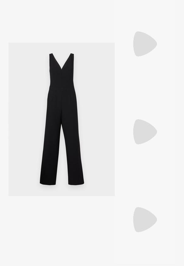 Must mustreid sügav V-kaelusega, ilma varrukateta disainiga ja laia säärte siluetiga. Omab puhtaid jooni ja varjatud lukku esiosas.; JDY JDYJANNE O NECK CARDIGAN - Kardigan - black; Mustast nahast slingback-kinga terava varbaosaga, ees kolm hõbedast pandlat ja madal kitkandi konts valgel taustal.; Mustmust kott mustris, millel on ümmargune käepide, reguleeritav rihm ja läikiv tekstuur. Omab hõbedast riistvara ja struktureeritud siluetti.