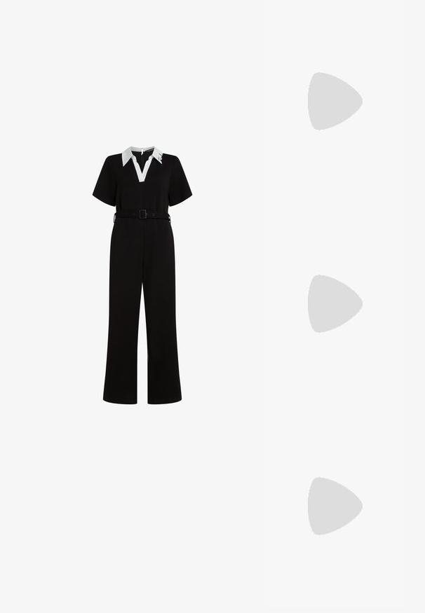 Mono negro con mangas cortas, cuello blanco, cierre frontal, cintura ceñida con cinturón y piernas anchas, confeccionado en una tela suave. Presenta un detalle de logotipo.; Cárdigan negro con mangas largas, tapeta blanca y bolsillos ribeteados. Presenta botones dorados y un cuello blanco acanalado.; Tacón de aguja blanco de cuero con punta afilada, tacón alto y delgado, y acabado suave, mostrado de lado sobre un fondo claro y liso.; Bolso negro en forma de media luna con una correa ajustable única y un broche con el logo A|X plateado en la solapa frontal.