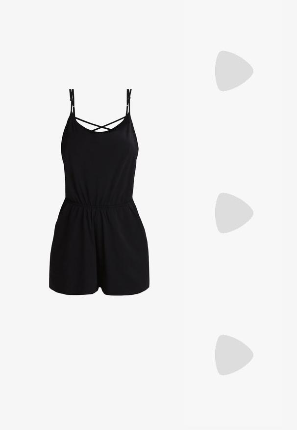 Zwarte romper met dunne spaghettibandjes, kruislingse details bij de halslijn en een elastische taille. Glad materiaal en korte lengte.; Zwarte varsityjack met witte accenten, geribde manchetten en zoom, knoopsluiting, twee zijzakken, gemaakt van zachte stof. Klassiek sportief ontwerp.; Lage zwarte sneaker met witte zijstreep, witte veters, witte rubberen zool en gestructureerde neus op een neutrale achtergrond.; Zilveren oorringen met een dun, glad ontwerp; langwerpige ovale vorm; gepolijste afwerking; voorzien van een veilige haaksluiting.