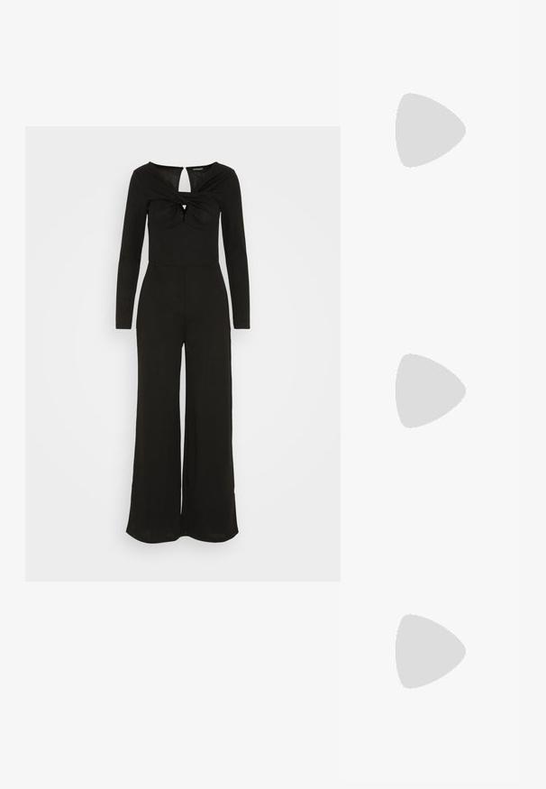 Even&Odd Jumpsuit - black; Zwarte mouwloze vest met een op maat gemaakt ontwerp, voorzien van een enkele knoopsluiting, gestructureerde revers en zijzakken.; Glanzende zwarte slingback pump met hoge hak, gebalanceerd op een glanzend zilverkleurig metalen kussen met een gladde textuur.; Zwarte gestructureerde handtas van leer met een bovenhandvat, een afneembare schouderriem en een voorflapdetail. Gouden hardwareaccenten.